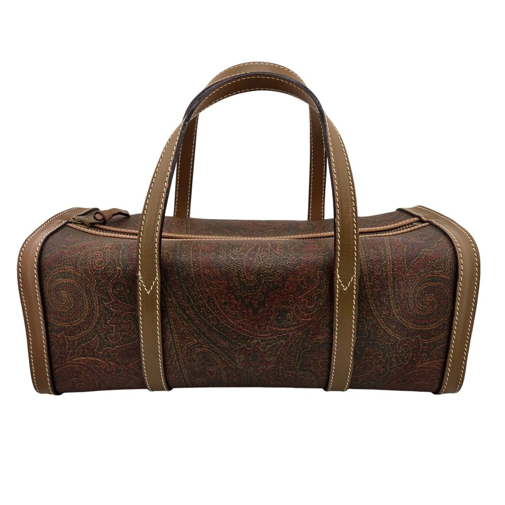 Etro Milano Paisley Print Barrel Bag Brown Leather Trim Vintage Cylinder Satchel